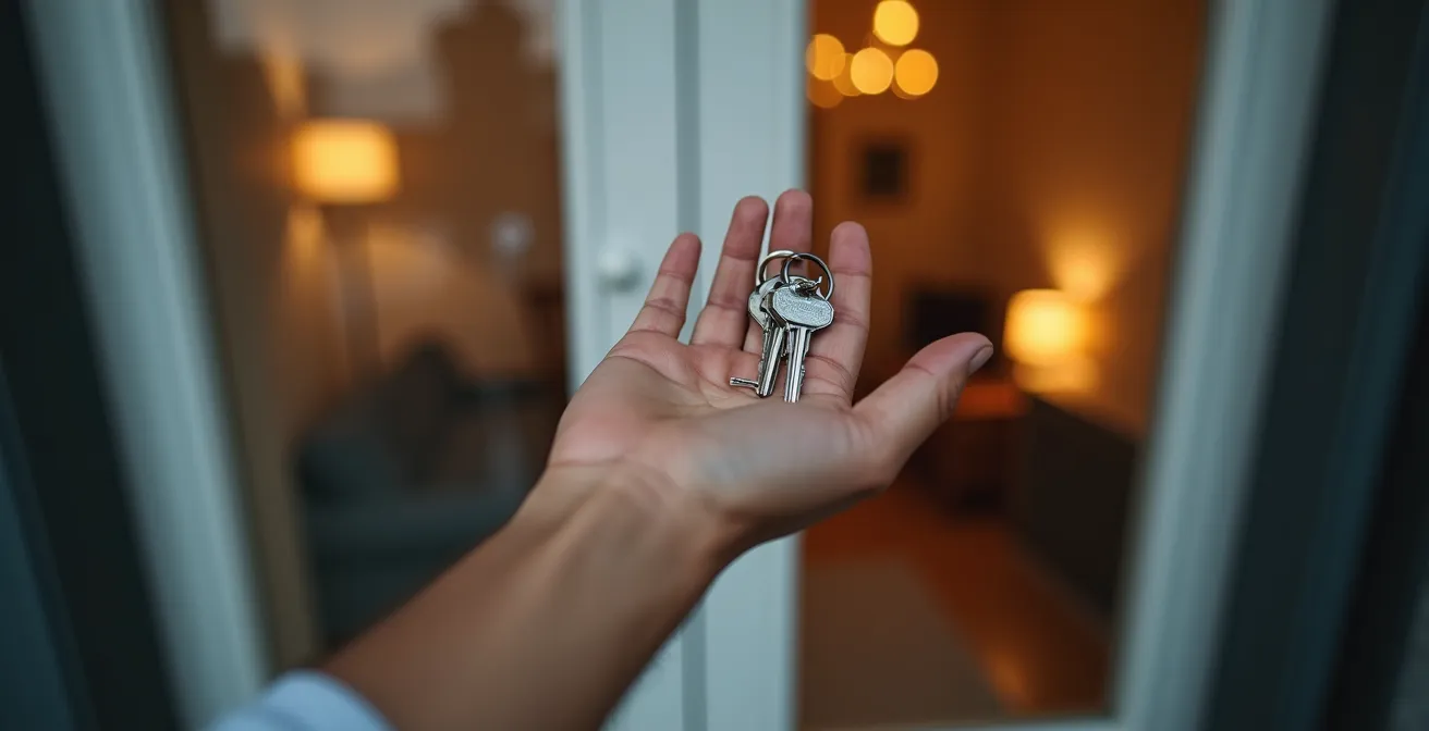 Gros plan sur une main senior tenant des clés devant un appartement moderne